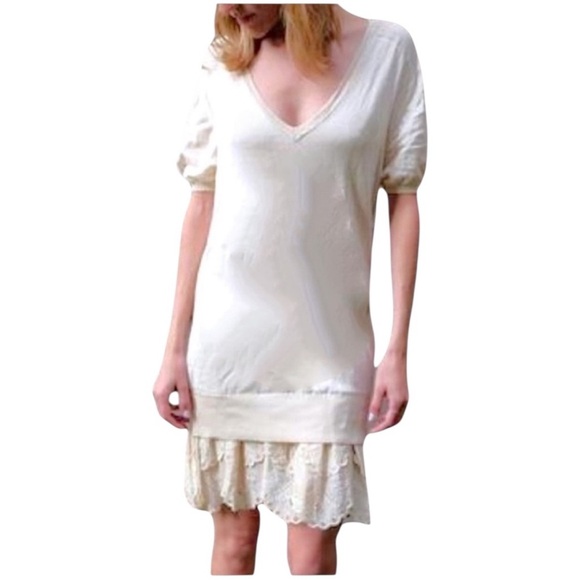 VTG BCBG COLLECTION Cream Drop Waist Scalloped Hem Mini Dress Eyelet Ruffle Y2K - Picture 1 of 16